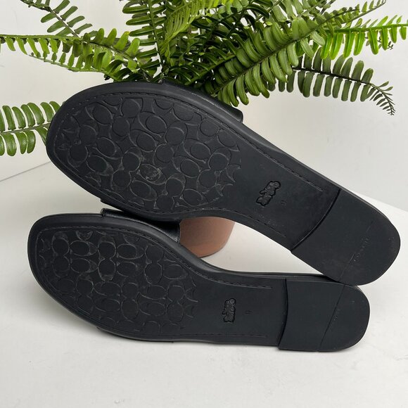 Coach Evy Black Leather Slide Sandals Gold Logo Plaque Women’s 9B Slip with Box - Picture 8 of 13